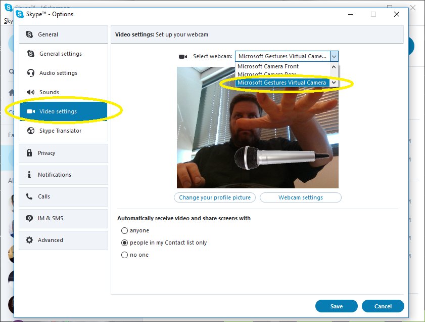Add cool hand-gesture triggered video-overlays to Skype! Change your webcam in "Video Settings" to "Microsoft Gestures Virtual Camera"