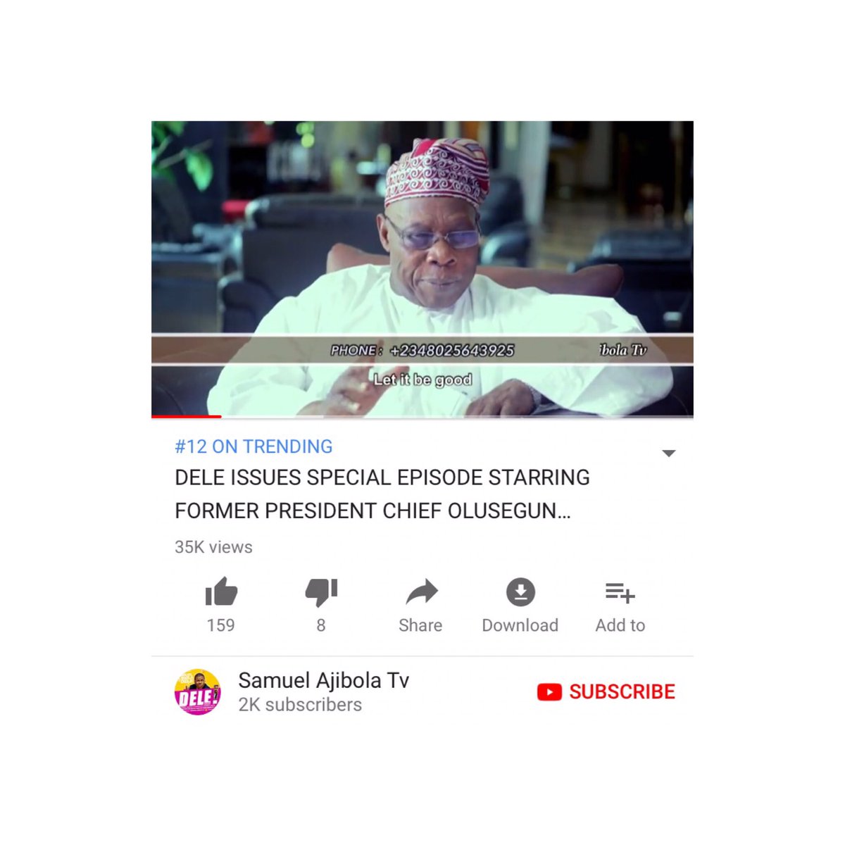 MrBigtimi's tweet photo. Former President of Nigeria🇳🇬, Olusegun Obasanjo makes acting debut in @samajibola01's web series #DeleIssues. Watch https://t.co/mgwRR2AS4H https://t.co/RoXJPaK8IZ