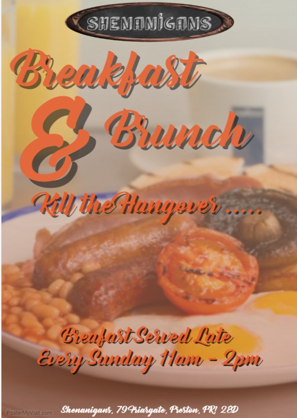 ShenanigansPRE's tweet photo. Are you hungover? Hungry for for a Full English?
At Shenanigans we serve breakfast 11am-2pm with films playing throughout the pub from 7pm! https://t.co/sXOoijFMi5
