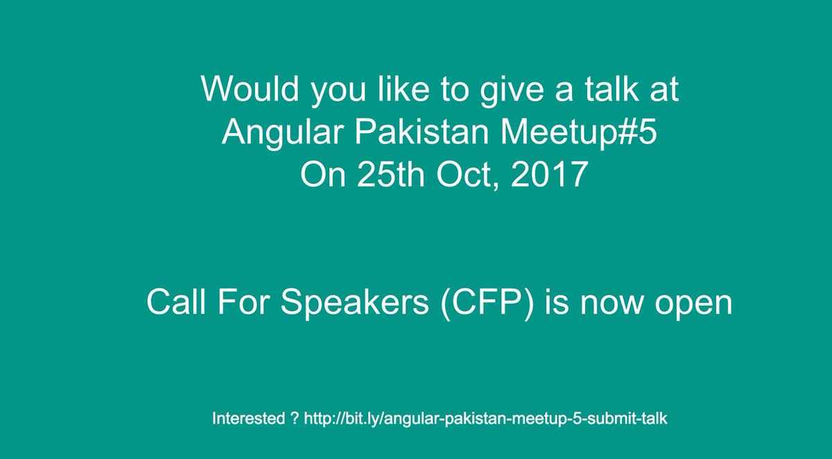 ng_pakistan's tweet photo. Come give a talk at Angular Pakistan meetup#5.Submit talk here: https://t.co/lAo4CrX0ZP

#AngularPakistan #Meetup5 #CallForProposal https://t.co/t7tXnc4O0c