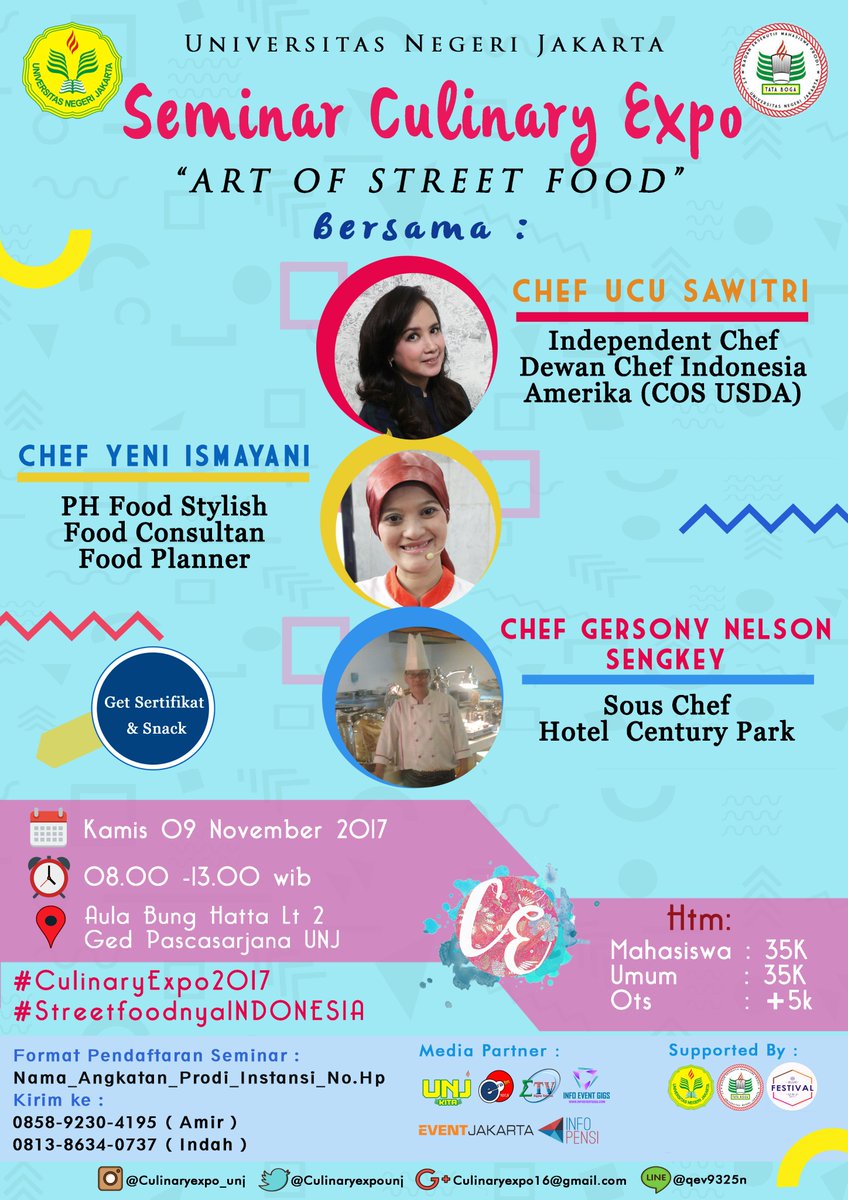 Seminar: "Art of Street Food" | Pembicara Chef Ucu, Chef Yeni, dan Chef Sony | 9 nov 2017 @ Kampus A UNJ | HTM 35K | Info <a href="/culinaryexpounj/">Culinary Expo UNJ</a>