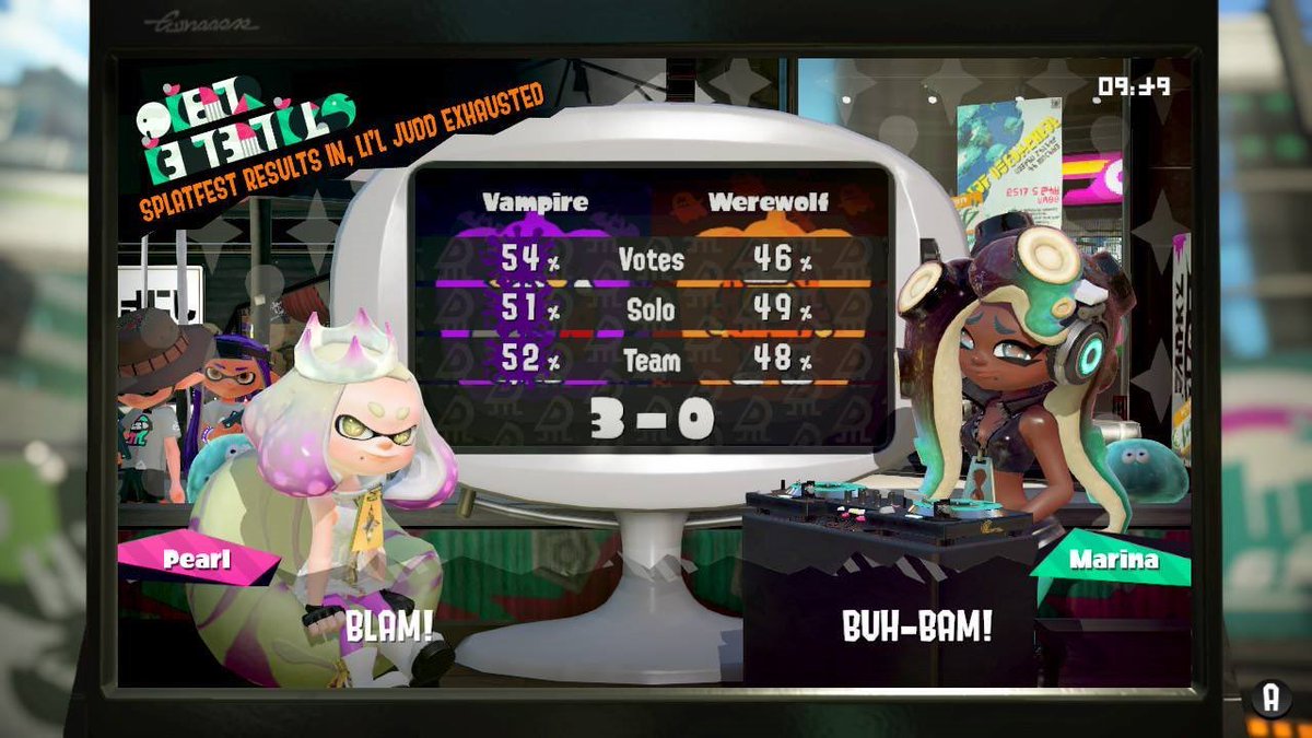 CrocOclock's tweet photo. Splatoon 2 (Switch)Splatfest 3 results:
Vampires wipeout Warewolves!
#Splatoon2 #NintendoSwitch #TeamVampire #TeamWarewolf https://t.co/fOsWT85GQK