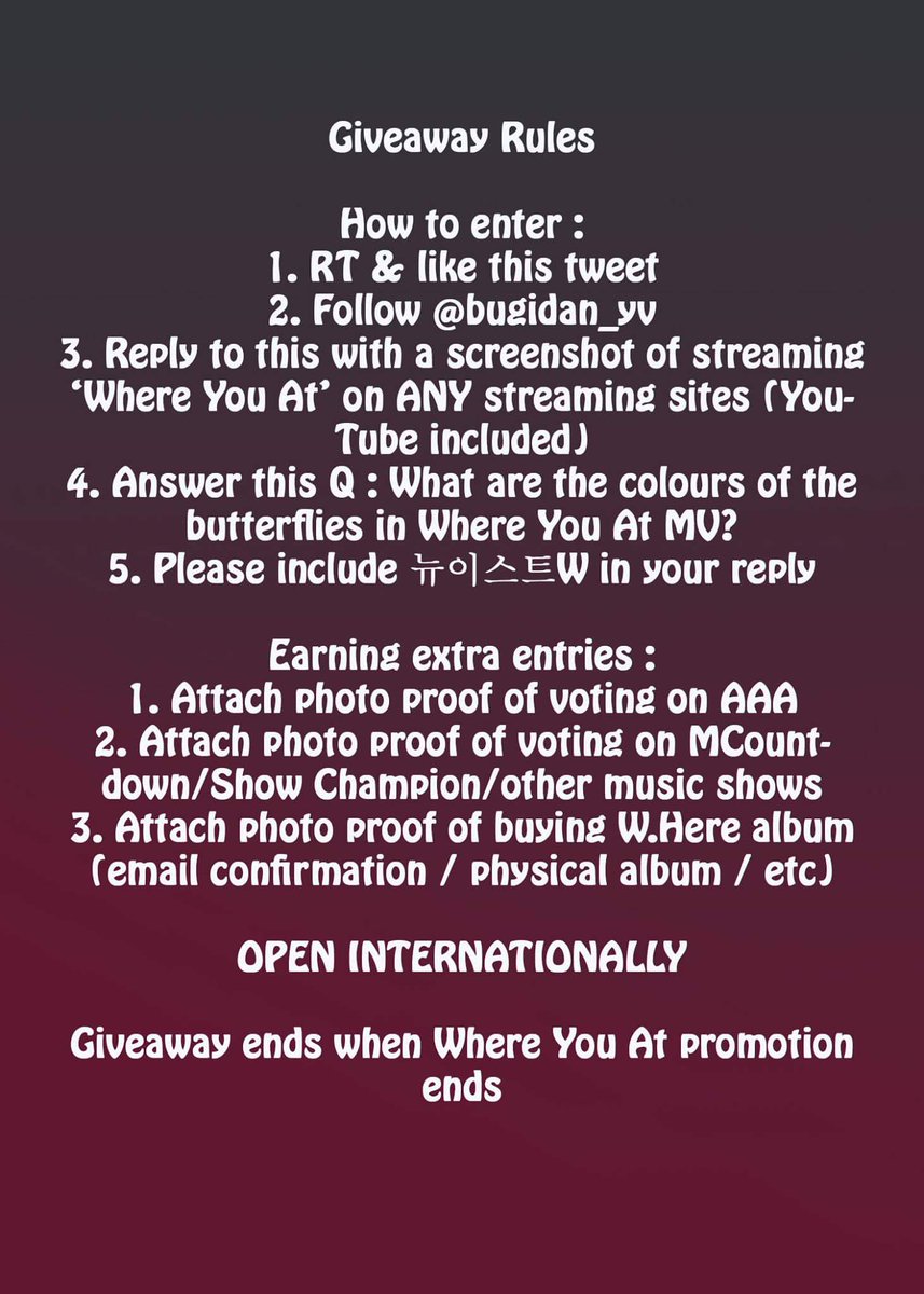 bugidan_yv's tweet photo. 🐢bugidan_yv 뉴이스트W 2nd support giveaway🐢
🌸To the flowery road we go🌹
🌍Open internationally🌏
Please read rules carefully 🙇 https://t.co/N6ub4VOKCD