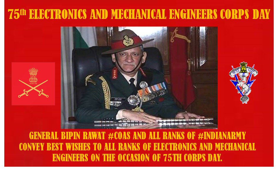 adgpi's tweet photo. #COAS &amp; all ranks of #IndianArmy convey best wishes to all ranks of Electronics and Mechanical Engineers on the occasion of 75th Corps day https://t.co/eDMokanYWV