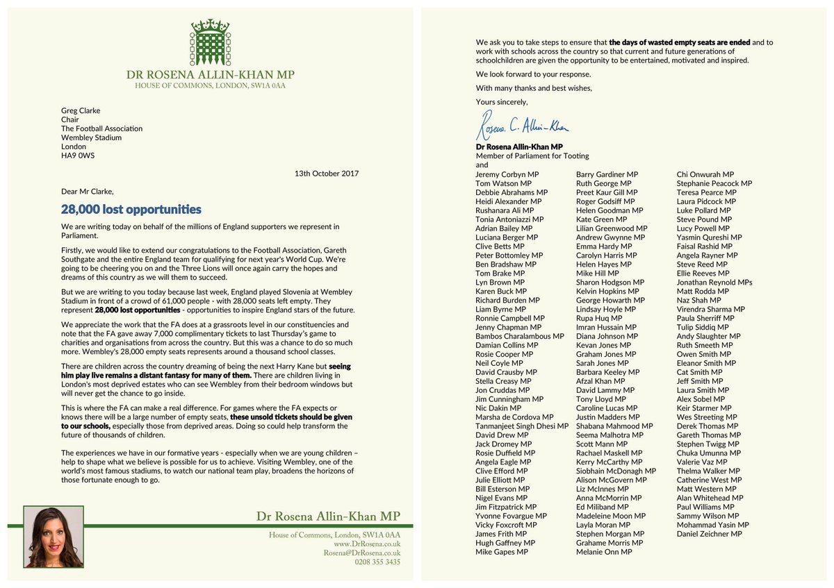 DrRosena's tweet photo. Last week, Wembley had 28,000 empty seats. 128 MPs have signed my letter calling on @FA to give spare tickets to schools across the country. https://t.co/vQWEU85IuU