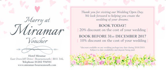 miramarbmth's tweet photo. How do you like the sound of 20% OFF your wedding? Collect a voucher &amp; book at our Wedding Open Day next Sunday #wedding #Bournemouth 💕 https://t.co/fEbVGA4Rol