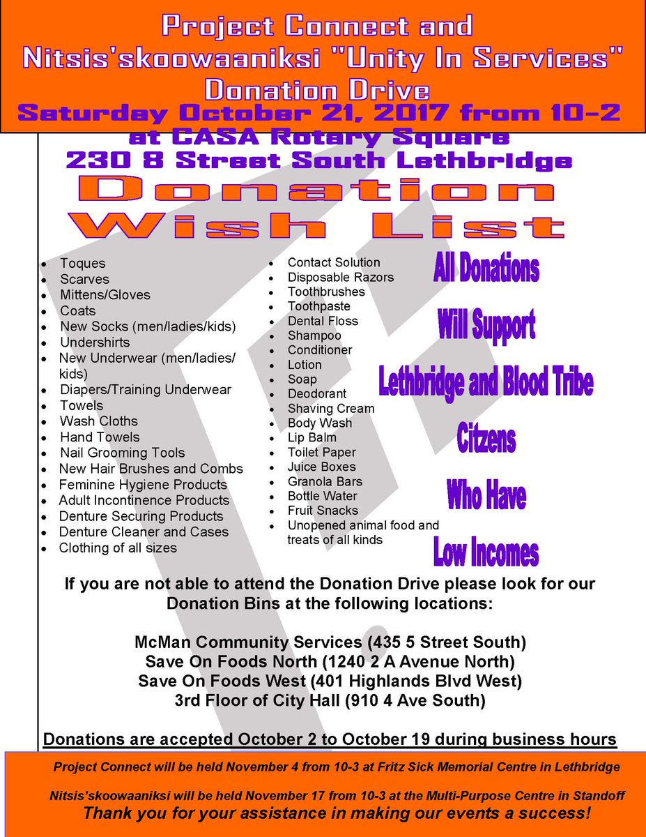 Donation Drive 
Saturday, Oct 21 from 10am - 2pm at @CasaLethbridge Rotary Square. (230 8th St. South)