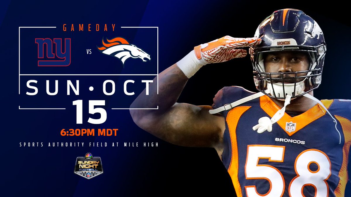 Broncos's tweet photo. We're back.

IT'S GAMEDAYYYYYYYYYYYYYY!

#BeatTheGiants https://t.co/b0miMXOWmn