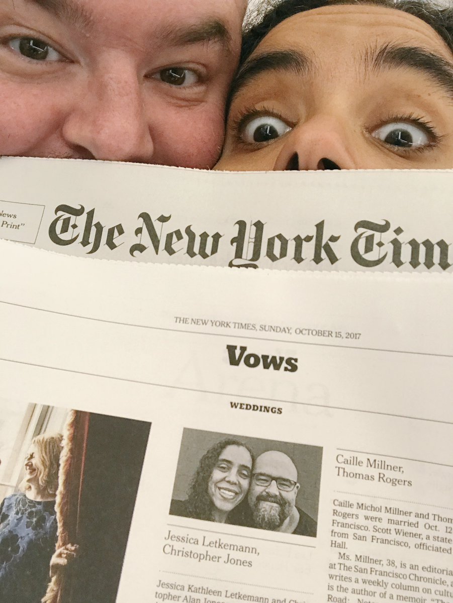 Letkemann's tweet photo. Our marriage is even more than official now: it's in the New York Times!!! Print AND digital! What an epic wedding present!! ❤️👰🏽👨🏼⚖️💍📰And yes indeed, they printed one of our #jesstopher selfies. 📷😎📰📰📰💃🏽🕺🏼🗽https://t.co/cGN3I67rIK https://t.co/H9Y4wyp3um