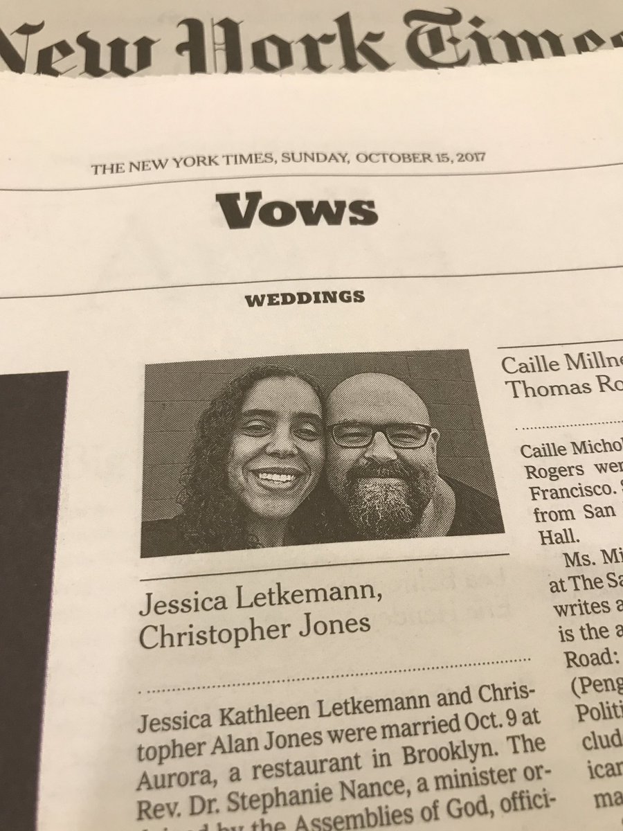 Letkemann's tweet photo. Our marriage is even more than official now: it's in the New York Times!!! Print AND digital! What an epic wedding present!! ❤️👰🏽👨🏼⚖️💍📰And yes indeed, they printed one of our #jesstopher selfies. 📷😎📰📰📰💃🏽🕺🏼🗽https://t.co/cGN3I67rIK https://t.co/H9Y4wyp3um