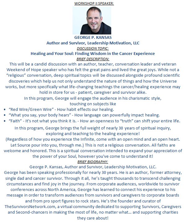 FriendsofMel's tweet image. Meet healing author &amp;amp; survivor GEORGE P. KANSAS! 2017 CONFERENCE REGISTRATION:The Art of Living-Life Beyond Cancer: goo.gl/ivbUR8