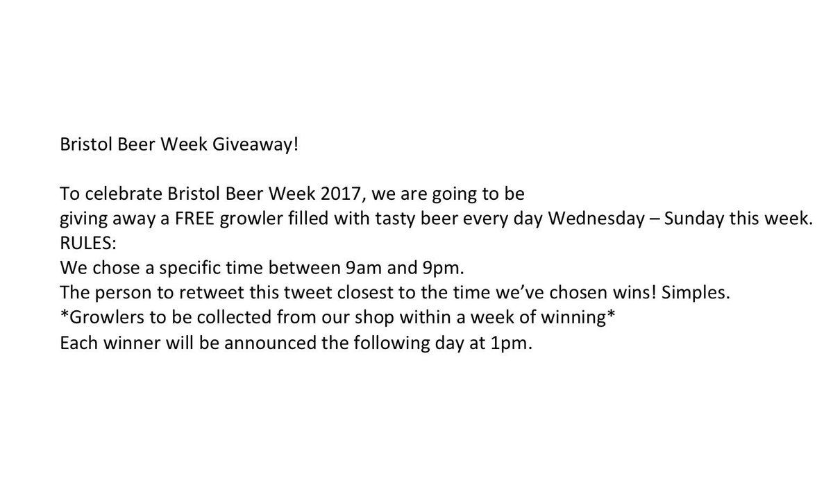 GROWLER GIVEAWAY! To celebrate <a href="/BristolBeerWeek/">Bristol Beer Week</a> we are giving away a growler per day for five days! Starts Wednesday 18th. Ze rules are attached.. #bbw17