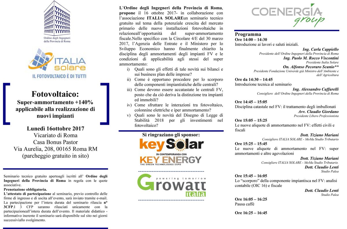 16 OTT h14 introduzione seminario <a href="/ordineingegneri/">Ordine degli Ingegneri della Provincia di Roma</a> <a href="/italia_solare/">Italia Solare</a> su potenziale crescita mercato primario nuove installazioni fotovoltaiche.