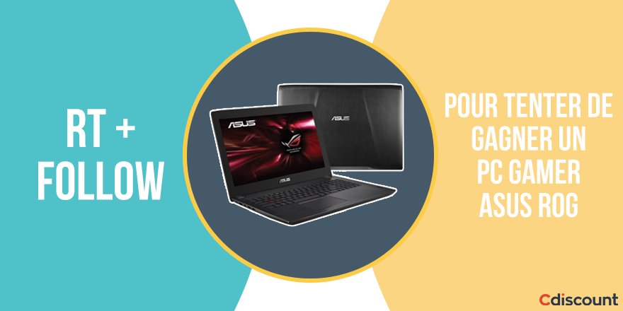 Cdiscount's tweet image. 🎁 #Concours

💻 PC Gamer Asus ROG à gagner &amp;gt; bit.ly/2yeMAt7    

📅  Pour participer
RT + Follow @Cdiscount

📢 TAS 23/10