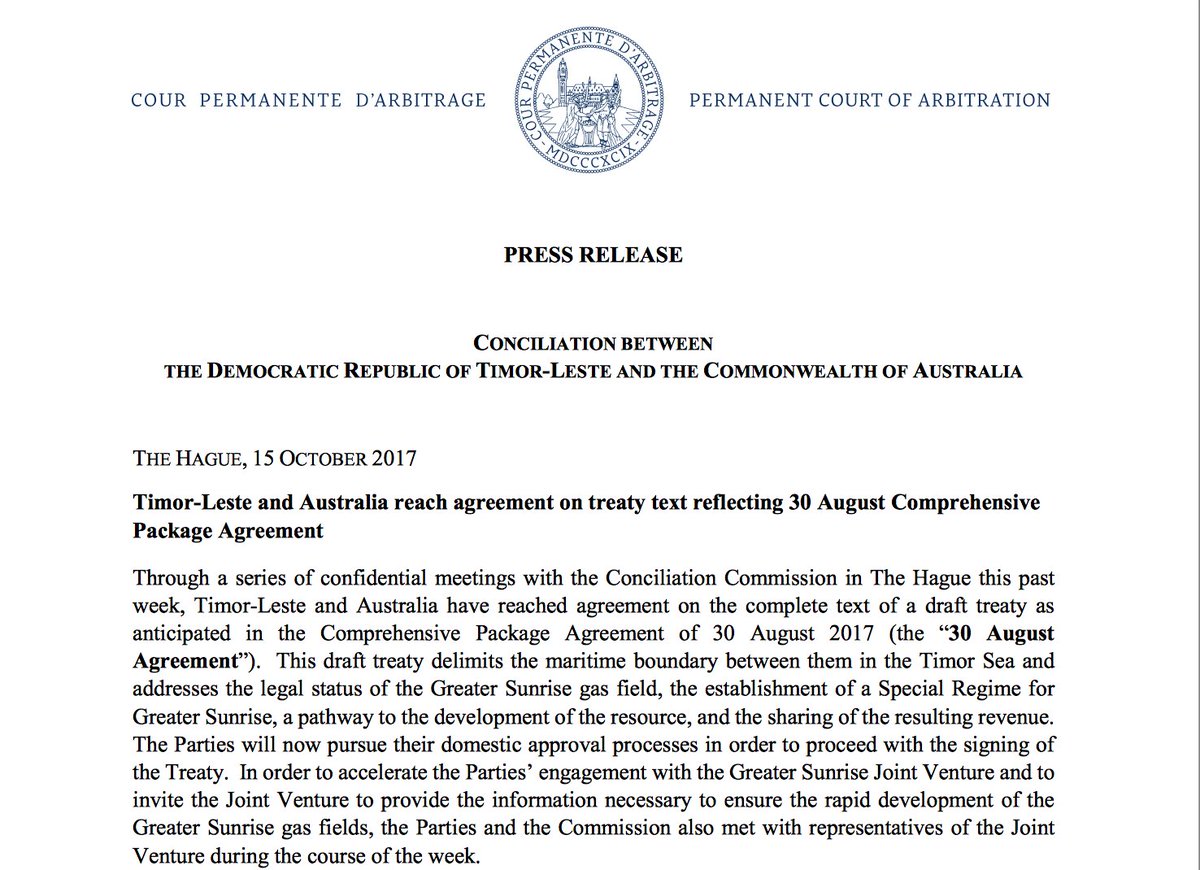 StefArmbruster's tweet photo. Aust, Timor Leste agree maritime border draft treaty, deets still secret. Perm Court of Arbitration: https://t.co/QmlzB9H9lk #auspol #East https://t.co/V4D2RTm2jy