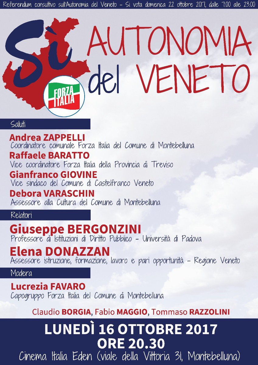 Domani sera a Montebelluna per parlare di #ReferendumAutonomia con l'ass. regionale Donazzan e il prof. Bergonzini.
