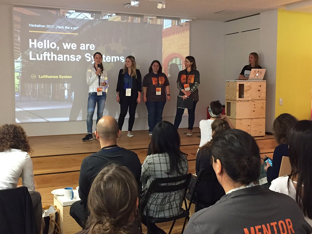 LH_Systems's tweet photo. "We proudly present..." #LufthansaSystems auf dem #hackathon in Berlin. Zum dritten Mal heißt es heute: #hacklikeagirl! 😃 https://t.co/6tBpO8CX1D