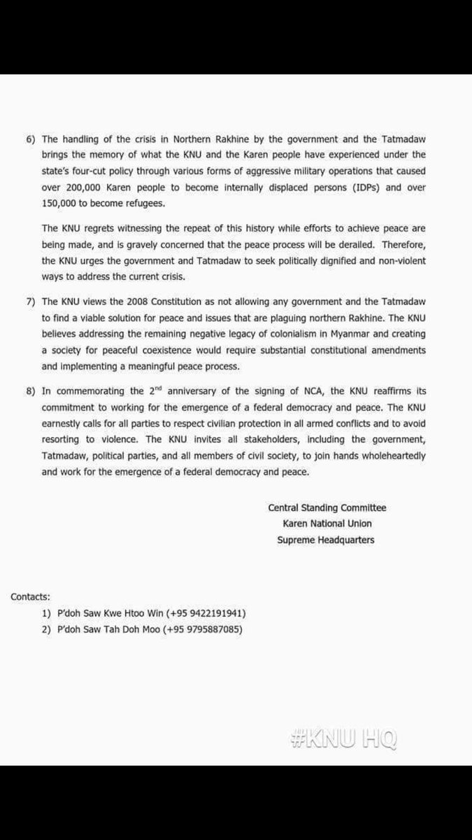 oliver_slow's tweet photo. KNU "regrets witnessing the repeat of history" in Rakhine. https://t.co/6qTziYXEUi