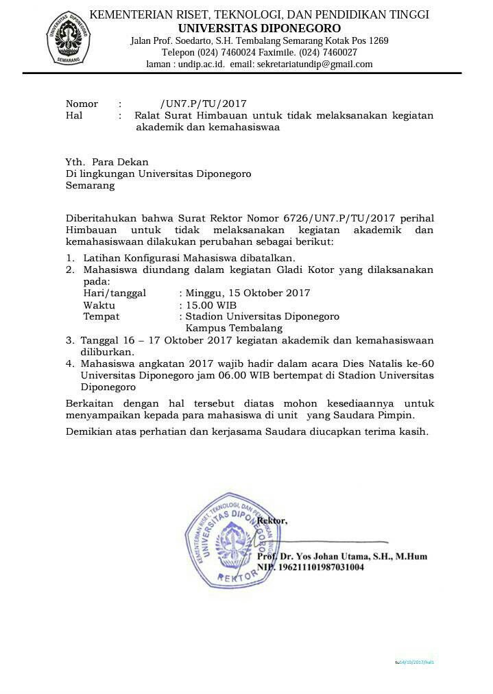 [INFO PERKULIAHAN]

Sehubungan dengan acara Dies Natalis ke-60 Universitas Diponegoro