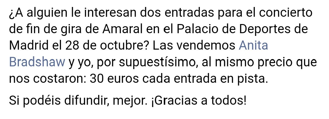 CrisdelGallego's tweet photo. ¡@anitaenmadrid y yo vendemos dos entradas para @amaraloficial en #Madrid el 28 de octubre! 30 euros cada entrada. ¿RT? ¡Gracias! https://t.co/NZKd8w5kiI