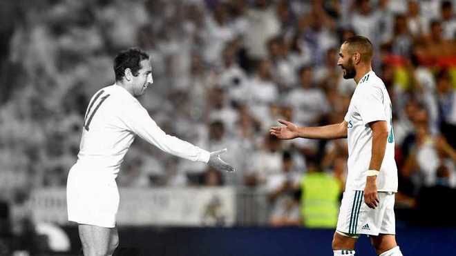 Benzema's tweet photo. Un honor alcanzar a nuestro presidente de honor. #leyenda del madridismo y el rey de Copas de Europa. #Gento @realmadrid #HalaMadrid https://t.co/tpbM4JtEob