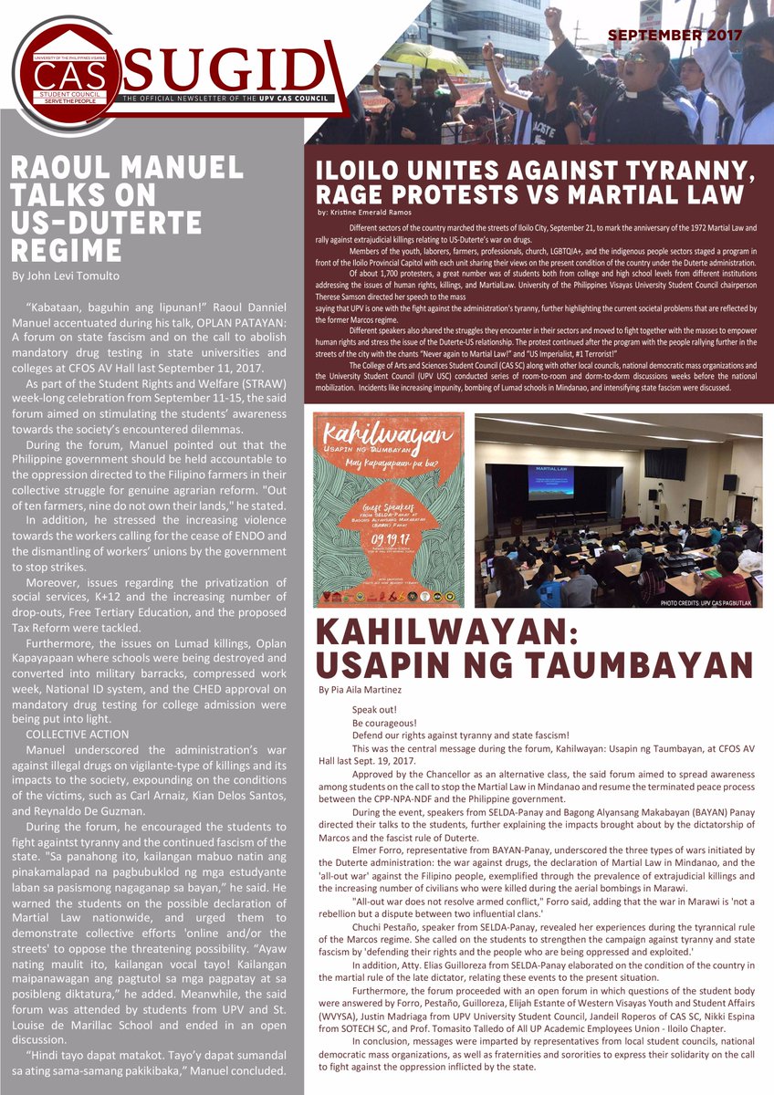 UPVCASSC's tweet photo. ICYMI: Here are the top news stories for July-September of first semester 2017-2018 brought to you by CAS SC Sugid. #Sugid #ServeThePeople https://t.co/5EuKRLX0rd