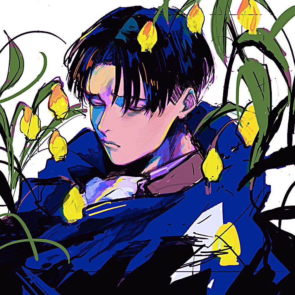 1boy male focus solo black hair flower curtained hair jacket  illustration images