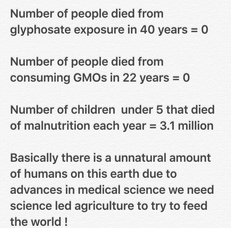 BuysroggePeter's tweet photo. Aan #RoundUp is nog nooit iemand overleden. Aan ondervoeding 3.1 mil. @boerbewust @Boerburgertweet https://t.co/KIznPWahmp