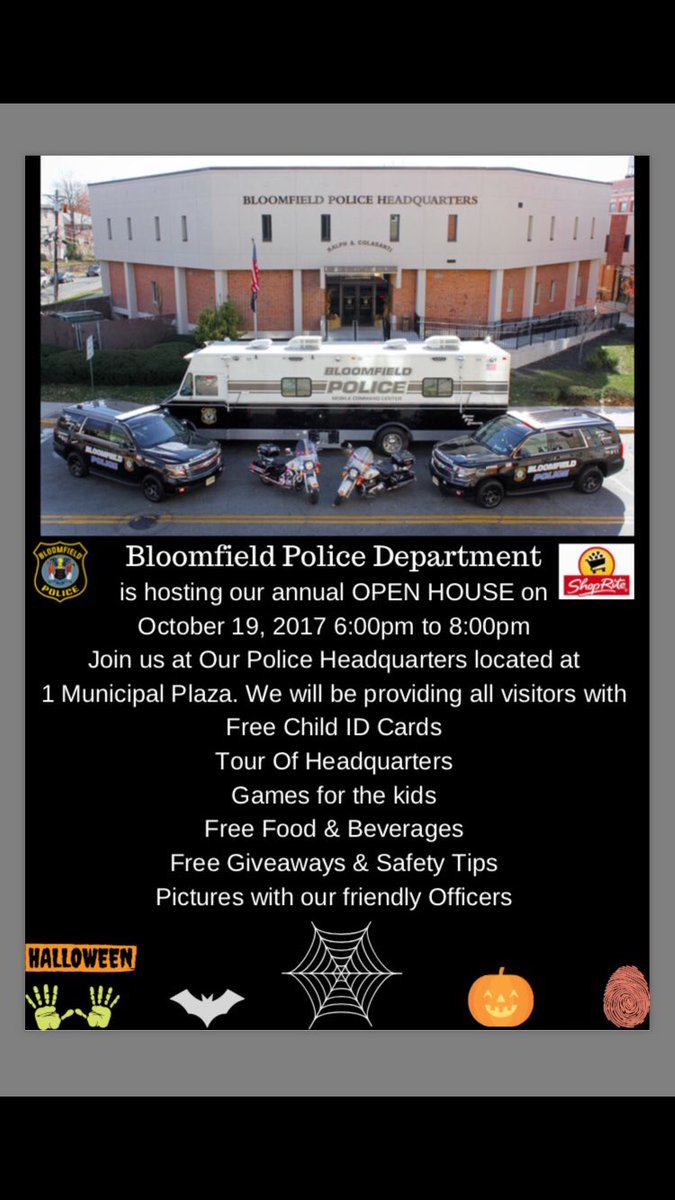 BloomfieldNJPD's tweet photo. Save the date: October 19th stop by police headquarters for our annual Open House event! https://t.co/9TEpMUKw8A