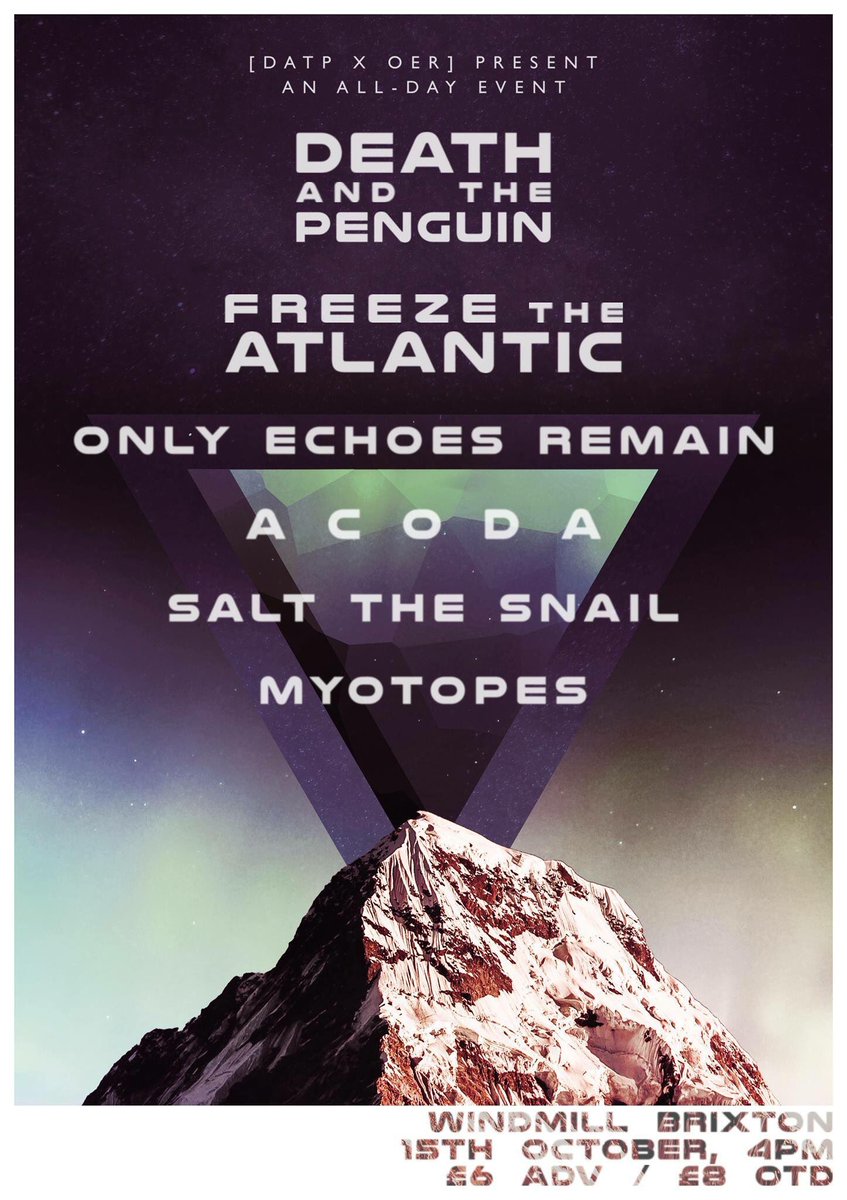 ACODA (@acodauk) on Twitter photo LONDON! TONIGHT we’re in Brixton at the Windmill! Come down and say hey! We’ll be on around 6:20pm. ft <a href="/datpmusic/">Death and the Penguin</a> <a href="/fta_band/">Freeze The Atlantic</a> <a href="/onlyechoesband/">Only Echoes Remain</a> LONDON! TONIGHT we’re in Brixton at the Windmill! Come down and say hey! We’ll be on around 6:20pm. ft <a href="/datpmusic/">Death and the Penguin</a> <a href="/fta_band/">Freeze The Atlantic</a> <a href="/onlyechoesband/">Only Echoes Remain</a>