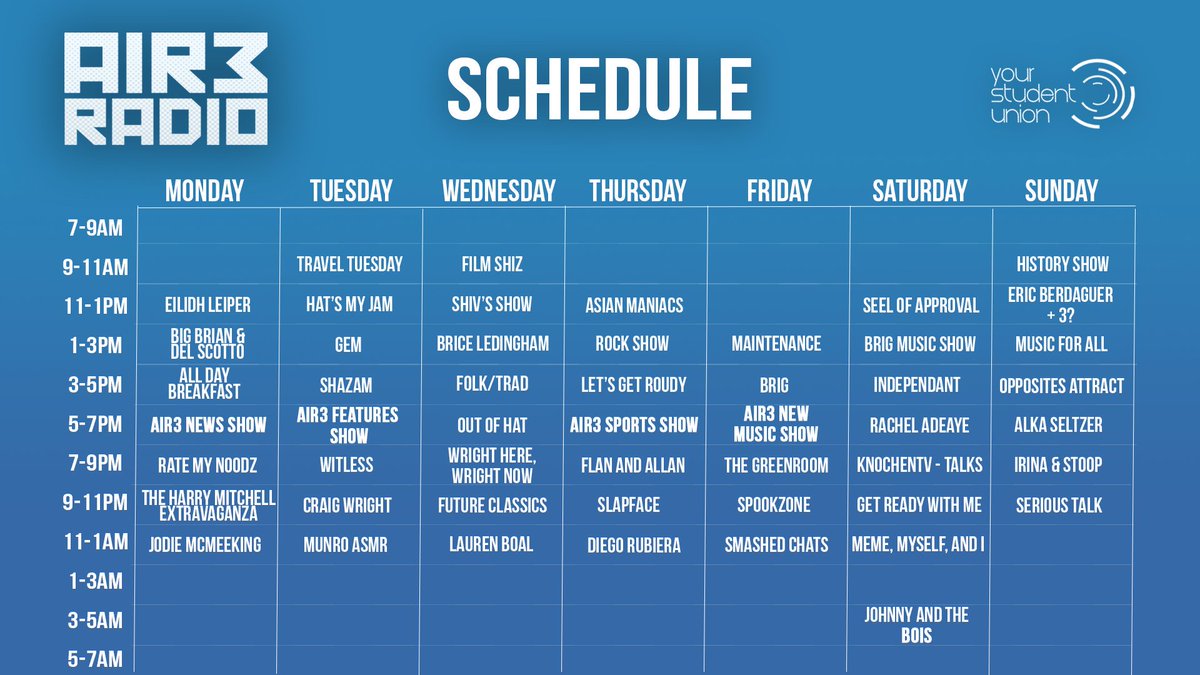 Air3Radio's tweet photo. Here's what's coming to Air3 Radio all week, every week. Check them out on TuneIn: https://t.co/sGfW5eIXvs https://t.co/LL2XBOMnVC