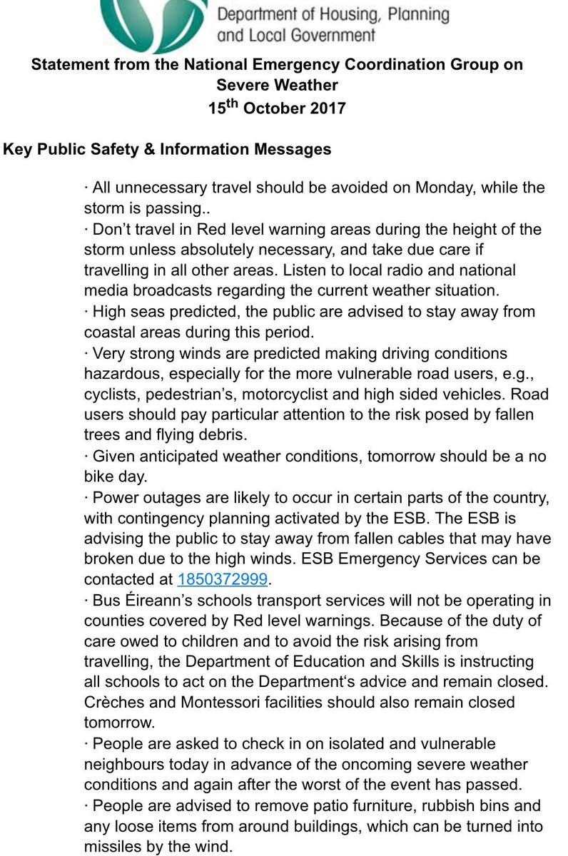 robbiekane74's tweet photo. Statement from the National Emergency Coordination Group on severe weather ahead of #HurricaneOphelia #Ophelia tail end hitting #Ireland https://t.co/i5c5qGCsfH