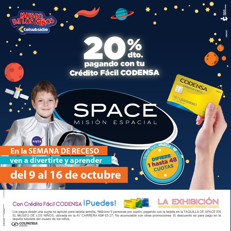 Crédito Fácil CODENSA (@creditofcodensa) on Twitter photo Invita a tus hijos a descubrir los secretos del espacio 🚀 en el <a href="/MuseodelosNinos/">Museo de los Niños</a>.
Visítalos en familia hasta el 16 de octubre 👨👨👧👦 Invita a tus hijos a descubrir los secretos del espacio 🚀 en el <a href="/MuseodelosNinos/">Museo de los Niños</a>.
Visítalos en familia hasta el 16 de octubre 👨👨👧👦