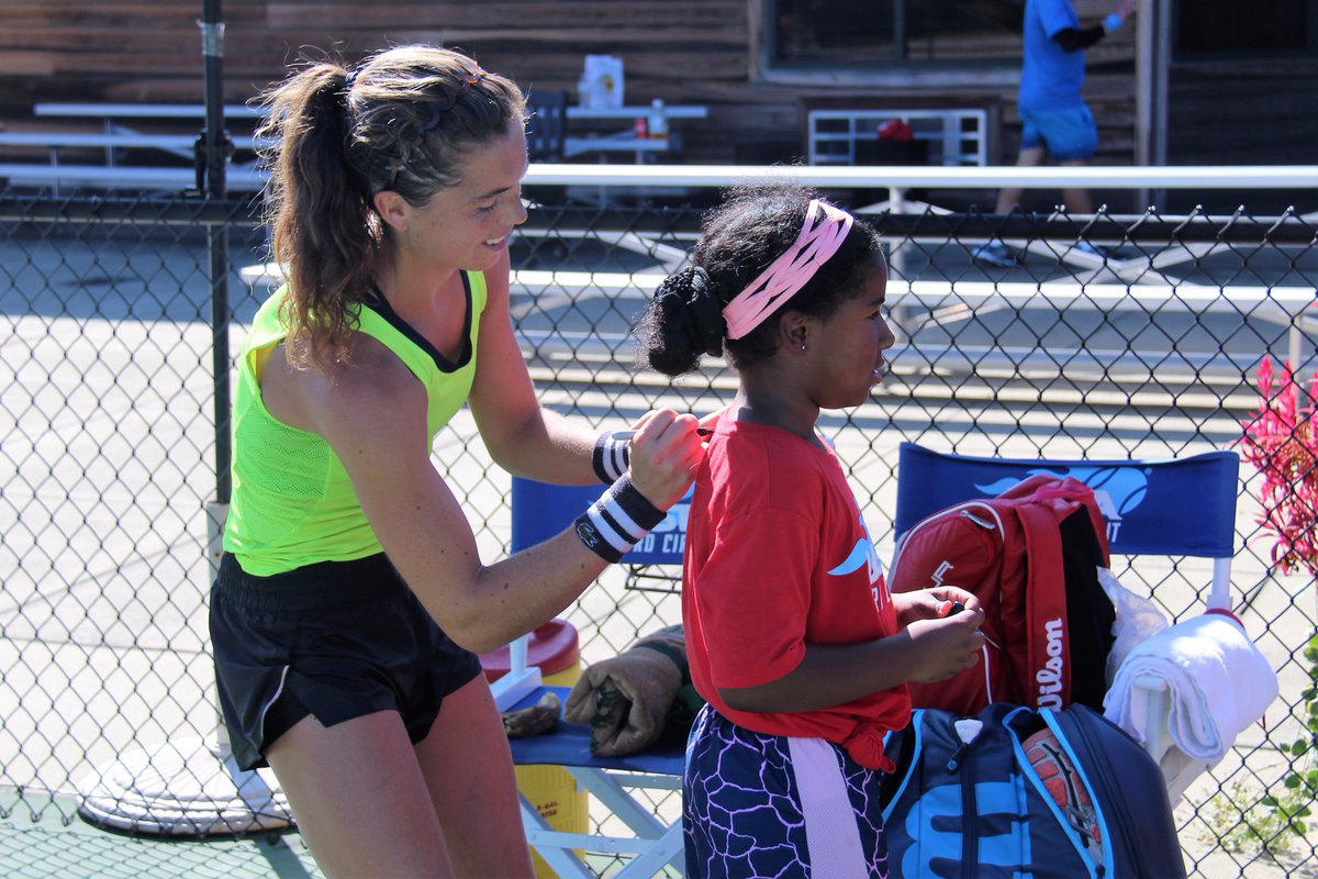 sumter25k's tweet photo. .@TaylorTownsend and Ulrikke Eikeri taking time after the match with some ballkids! @usta https://t.co/FREL4EsMnR