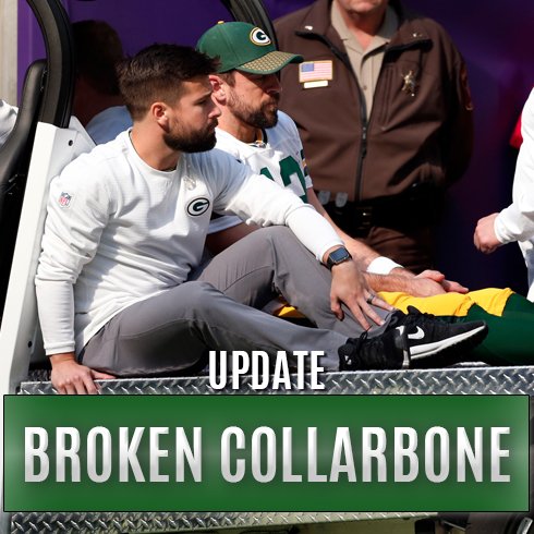 SNFonNBC's tweet photo. Packers announce QB Aaron Rodgers has a broken collarbone and could miss the rest of the season. https://t.co/QOVQG0YliI