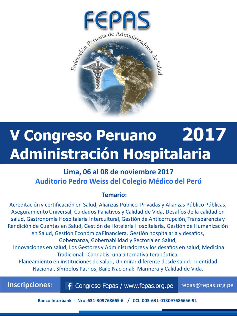 FEPAS_Salud's tweet photo. Bienvenidos a nuestro #CongresoFEPAS 2017 
"V Congreso Peruano de Administración Hospitalaria"
Inscripciones: https://t.co/Uxa7hbRJgh https://t.co/i7w2OIgKMN