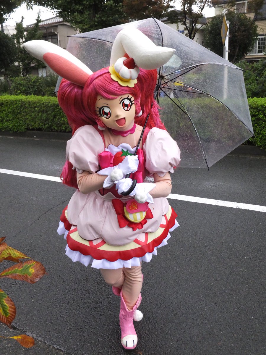 桃と月 神輿の後 しばらくすると遠くからカラフルな何か歩いてくる と思ったらプリキュア 雨なので傘をさしながらのパレード ディズニーランドの雨カッパ版みたいにレアなものが見られました O 東映は練馬区地元ですからねぇ さすが