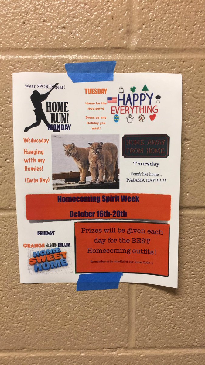 💥 IT'S HOCO WEEK!!! 💥Show your school spirit by participating in the theme each day!!!! 😺 PLEASE be mindful of the dress code 😋🌟