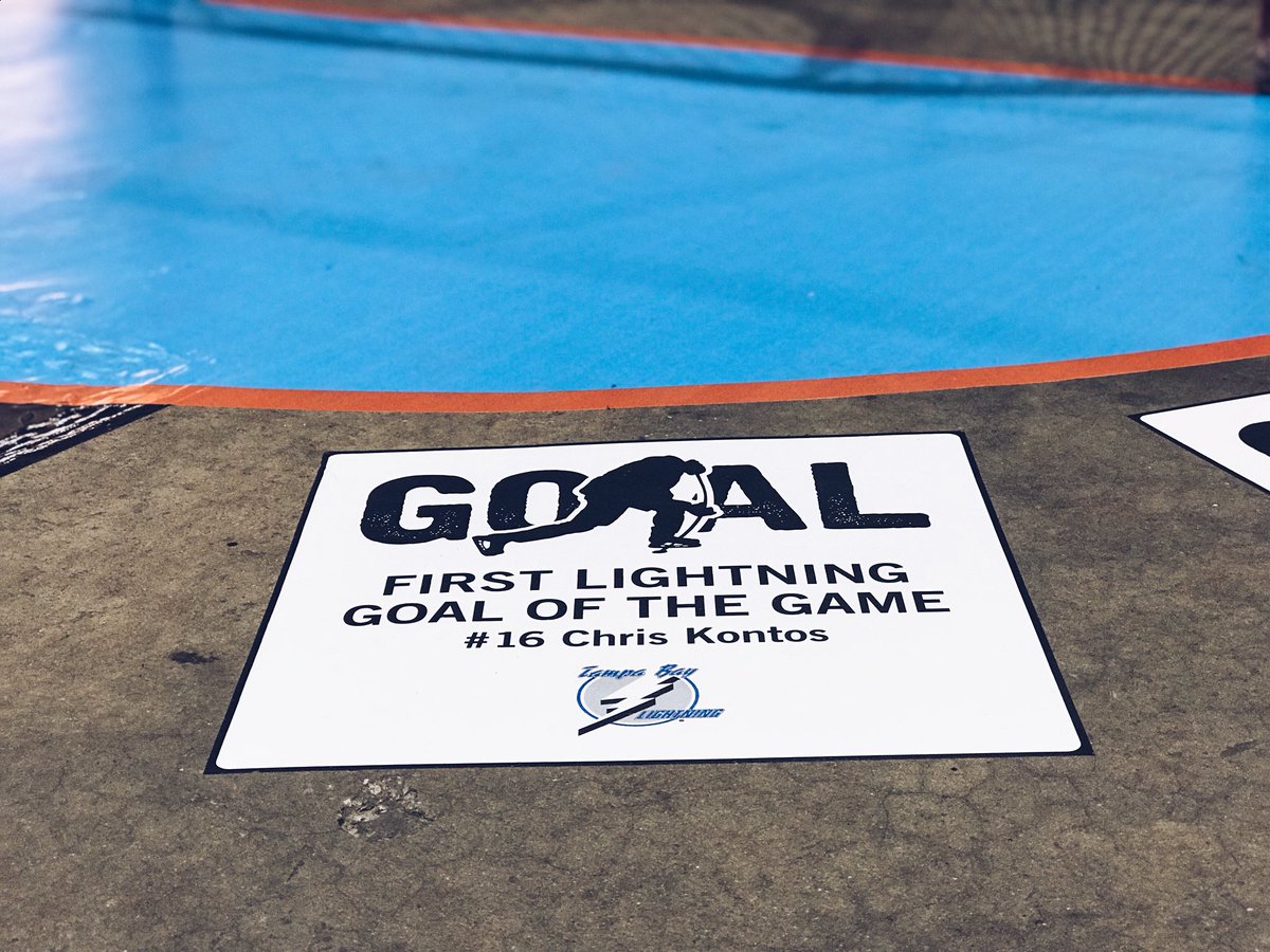 All four of Chris Kontos’ record-setting goals marked on the floor today from where he scored them. #Bolts25 https://t.co/kgAD4sBIJh