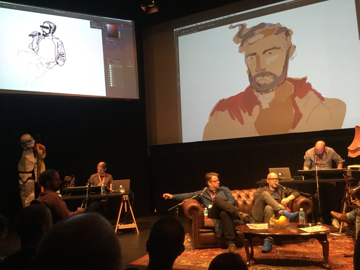 CthulhuPunk's tweet photo. Fun at Big Comic Draw with @seanpphillips @CharlieAdlard @jasonlatour & @cjwardart Hosting by @PopCultureHound posing by @zdarsky #LICAF17 https://t.co/YQwcu28pJY