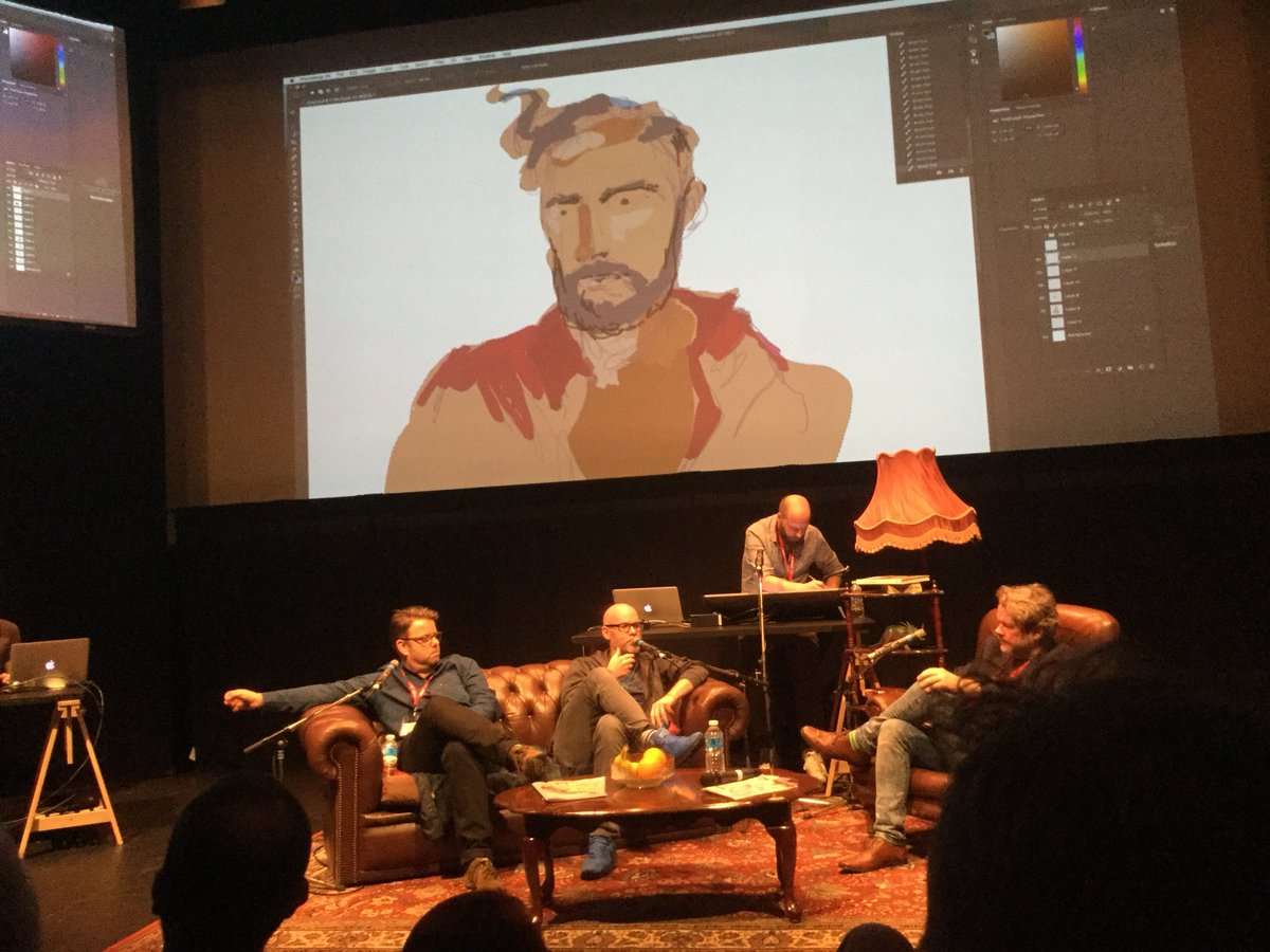 CthulhuPunk's tweet photo. Fun at Big Comic Draw with @seanpphillips @CharlieAdlard @jasonlatour & @cjwardart Hosting by @PopCultureHound posing by @zdarsky #LICAF17 https://t.co/YQwcu28pJY