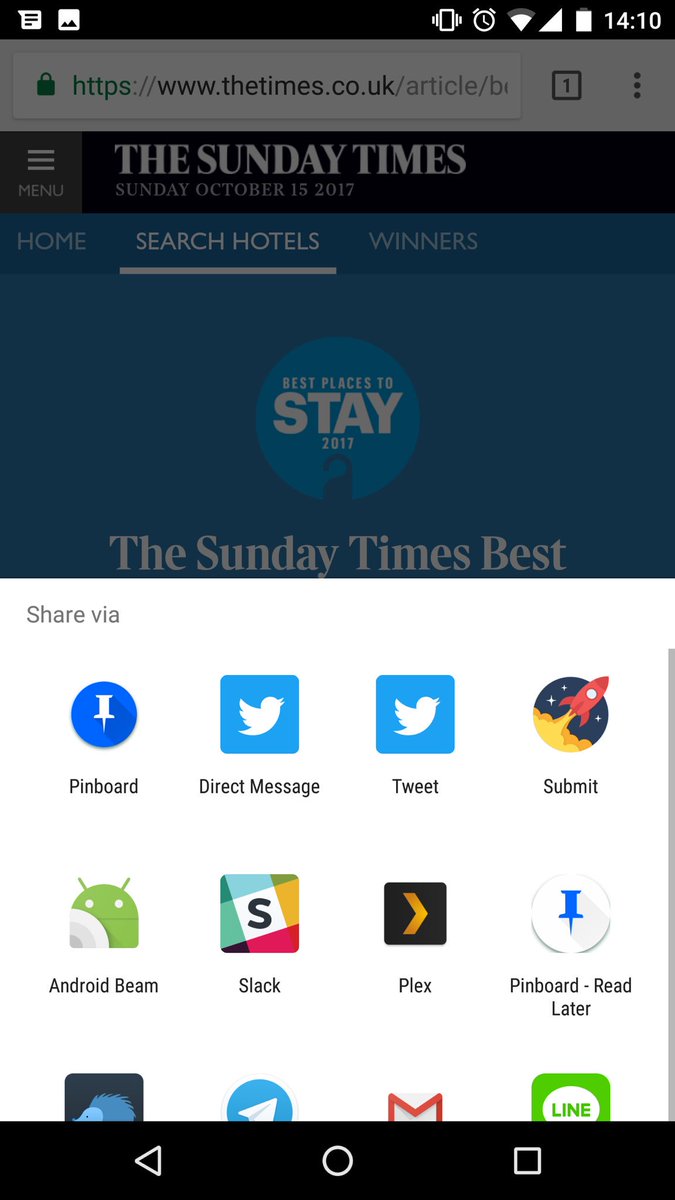 chrishutchinson's tweet photo. Web Share API (giving readers access to their native share sheet) in action on @thesundaytimes Best 100 Hotels (Chrome, Android) https://t.co/bsXnTqU0Kn