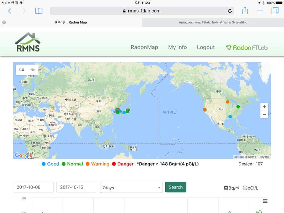 World first realtime #radon map. The dot's are expending around the world. 1 dot = 1 RadonEye.  RMNS-FTlab.com