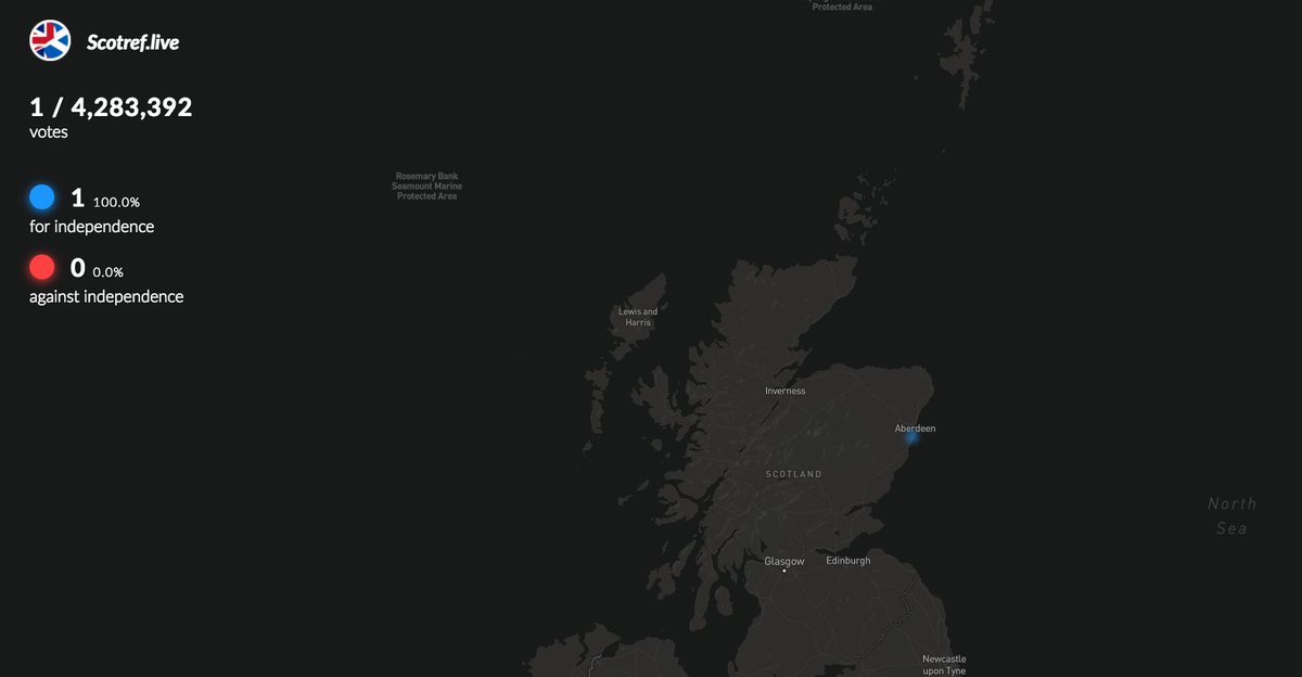 First vote added to the scotref.live map! 🗺 Now, how do I get 4 million other scots to vote? 🤔 #scotref #indyref2