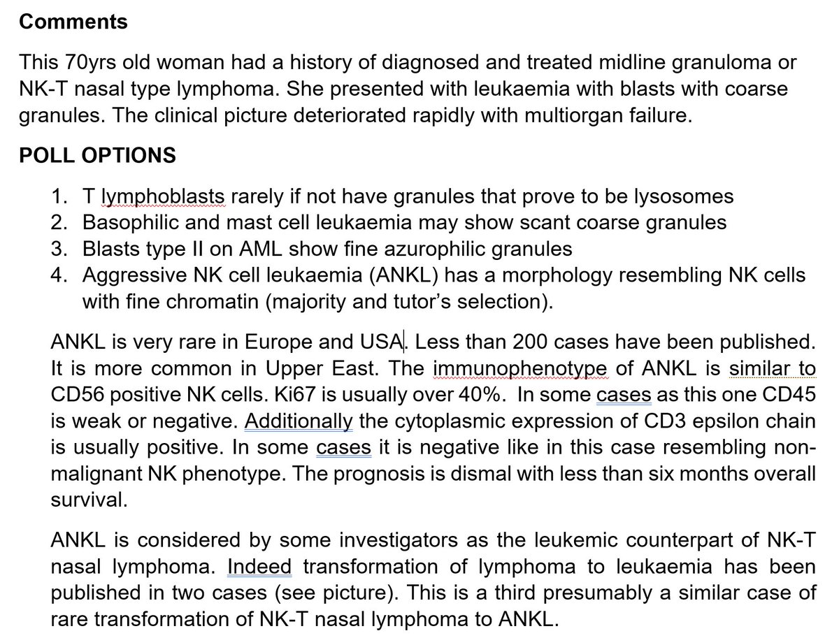 GSPATERAKIS's tweet photo. QUIZ(FINAL) Aggressive NK leukemia (#ANKL) as a #transformation of previous NK-T #nasal #lymphoma #hemepath https://t.co/IwF36P7EEt