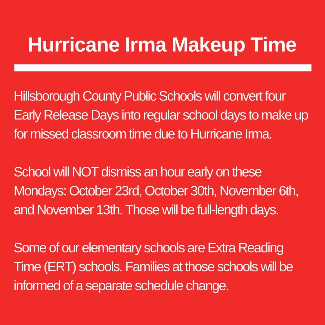 HillsboroughSch's tweet photo. Please make plans for the four upcoming Mondays, as we convert four Early Release days into regular days to make up for missed time. https://t.co/kyjpzRXbEW