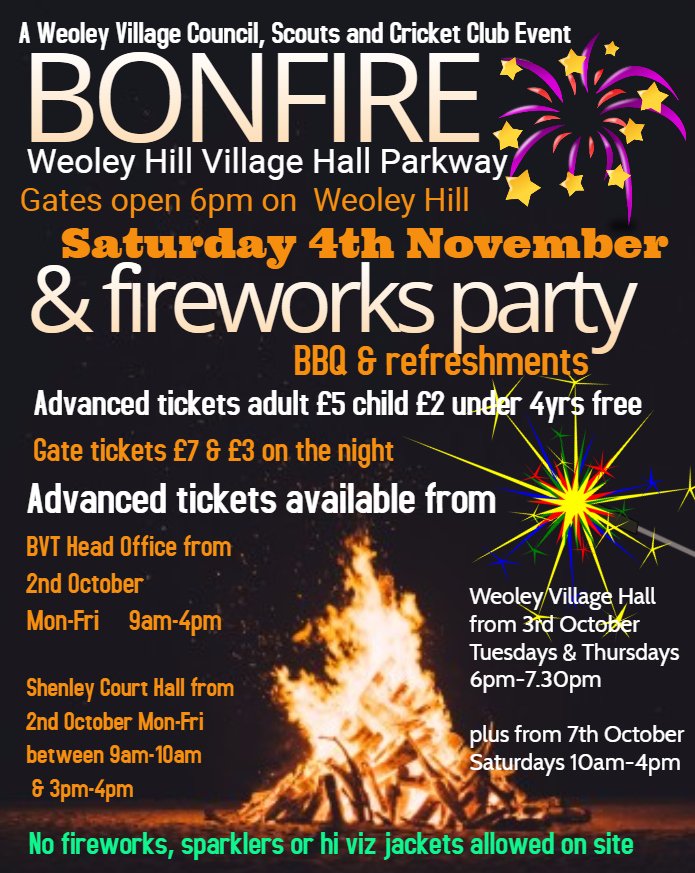Weoley Hill Bonfire Saturday 4th November BOOK NOW