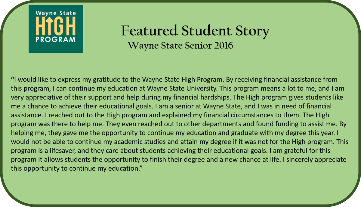 WSUHIGHProgram's tweet photo. Check out our Featured Student Story of the Month!
#helpingindividualsgohigher #wsuhighprogram #waynestateuniversity #featurestory https://t.co/Zh3QlZENxo