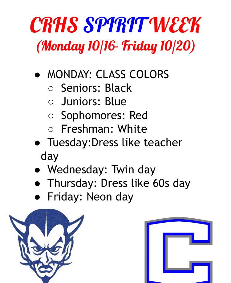 CRHSDevilNation's tweet photo. It's Homecoming week for the Devils. Show your school spirit throughout the week. 😈💪🏼👍🏻 https://t.co/99ZutEWjCI