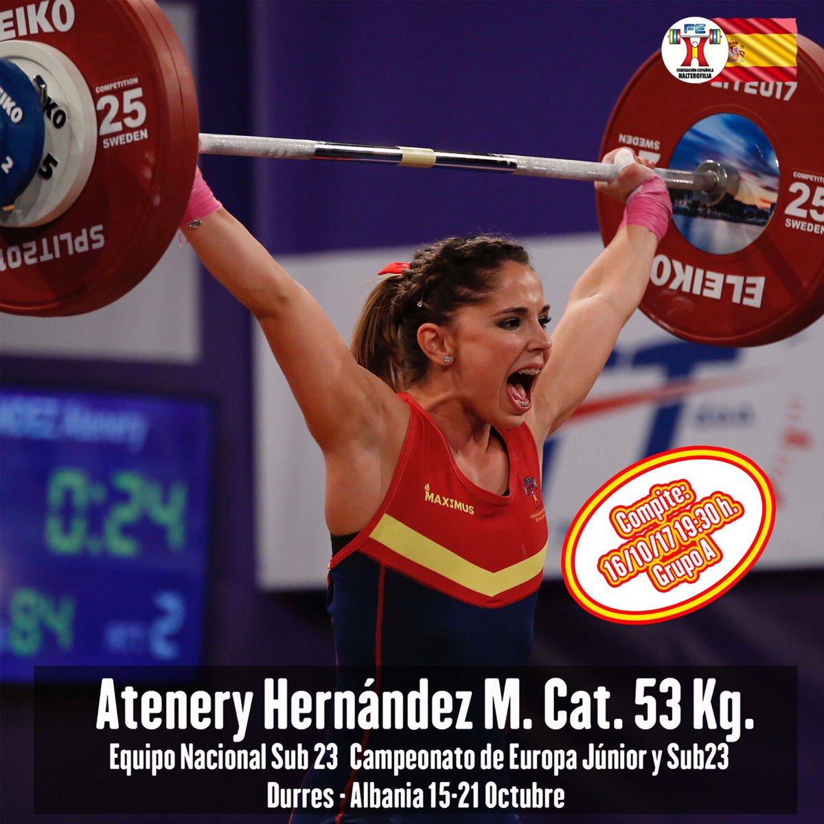 fedehalter's tweet photo. Serias opciones de medalla para @AHdezPodium (Cat.53kg GrupoA)mañana 16/10/17, a las 19:30, en el Europeo Sub23 de Durres, Albania 🇦🇱🏋🏼‍♀️🇪🇸 https://t.co/GsZxu66nhg